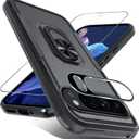 Janmitta for Google Pixel 9/9 Pro Case with Screen Protector+Camera Lens Protector,Heavy Duty Shockproof Full Body Phone Cover Built in Metal Ring Holder Kickstand,2024 Black Matte