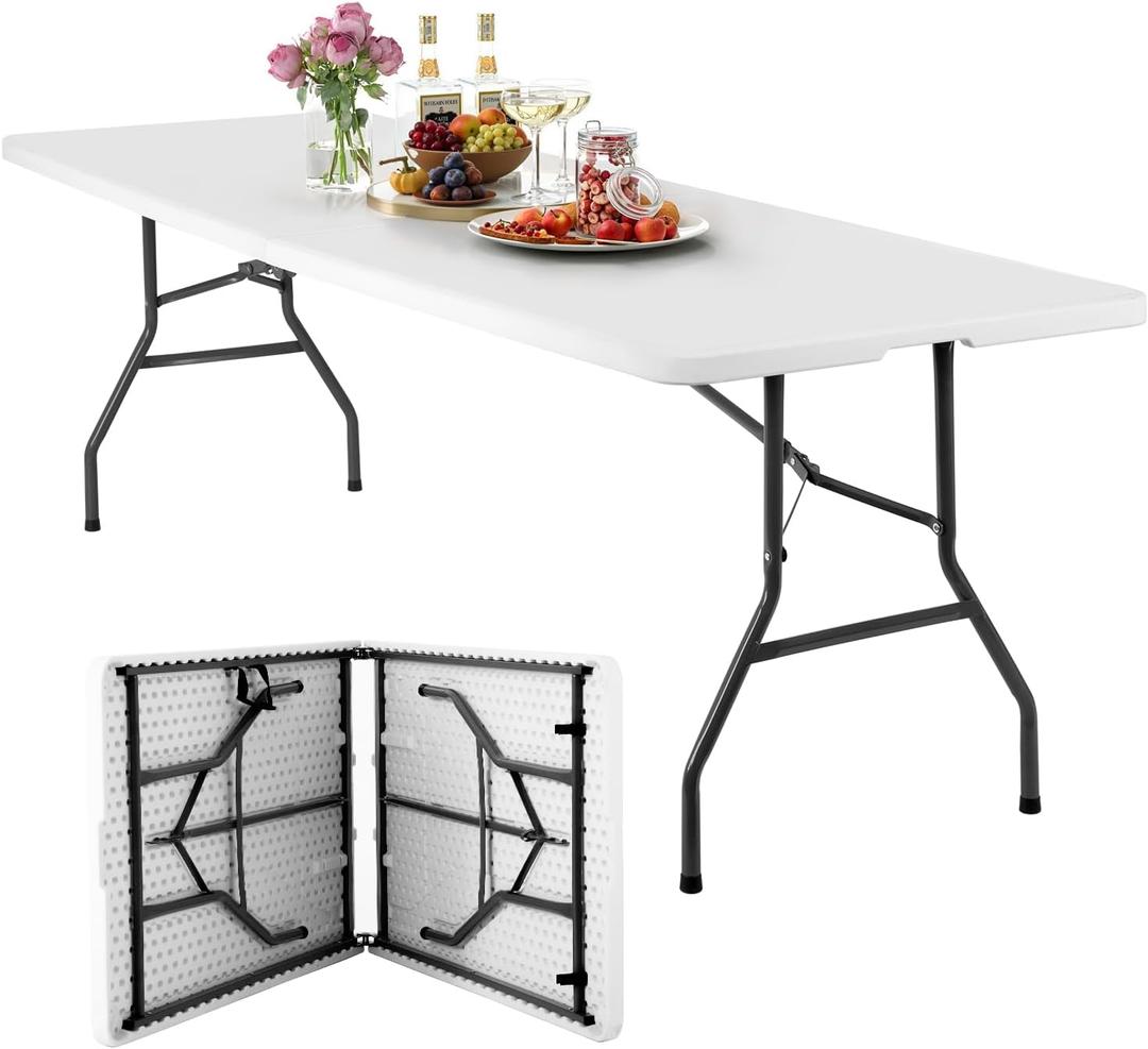 FDW 8FT Folding Table, Portable Fold-in-Half Plastic Picnic Party Table with Carrying Handle (White, 8FT)