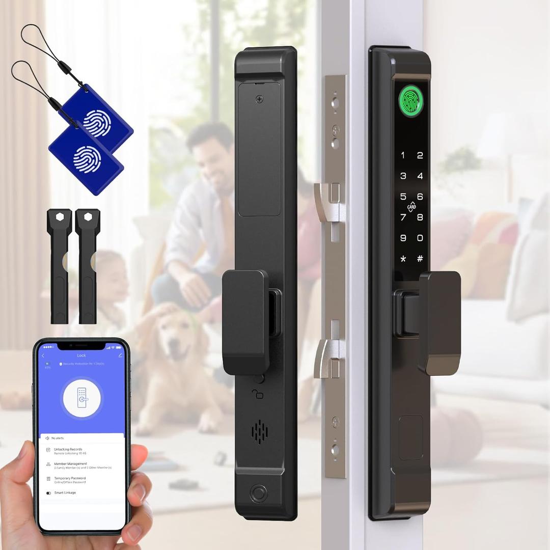 Sliding Door Smart Lock, Sliding Glass Door Lock with Fingerprint, Smart Mortise Lock with APP IC Card Code Keys, Patio Door Double Hook 2885 Mortise Lock Set with Handle