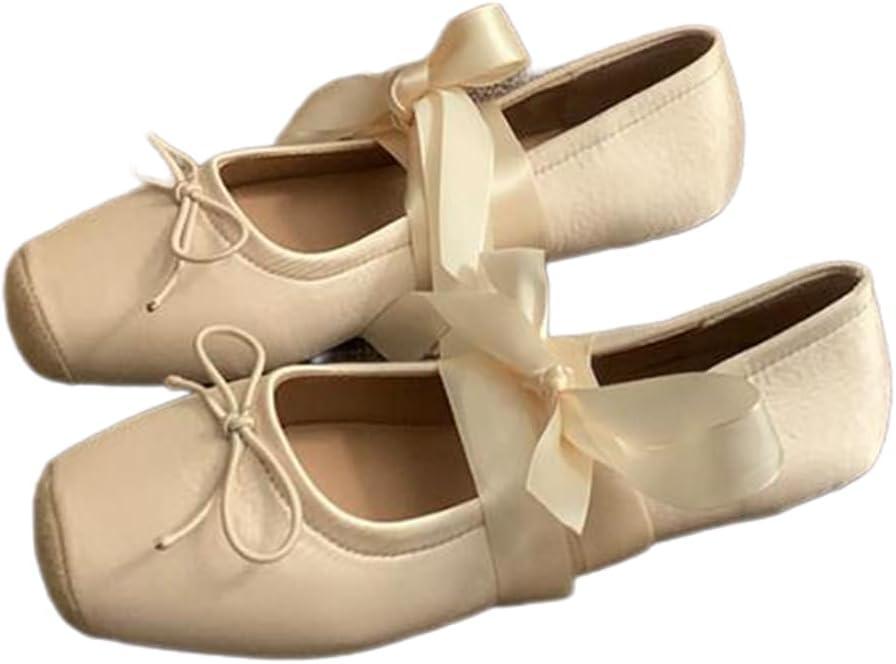 COVOYYAR Women Lace Up Ankle Strap Ballet Flats Shoes Floral Dressy Flats (8, Beige)