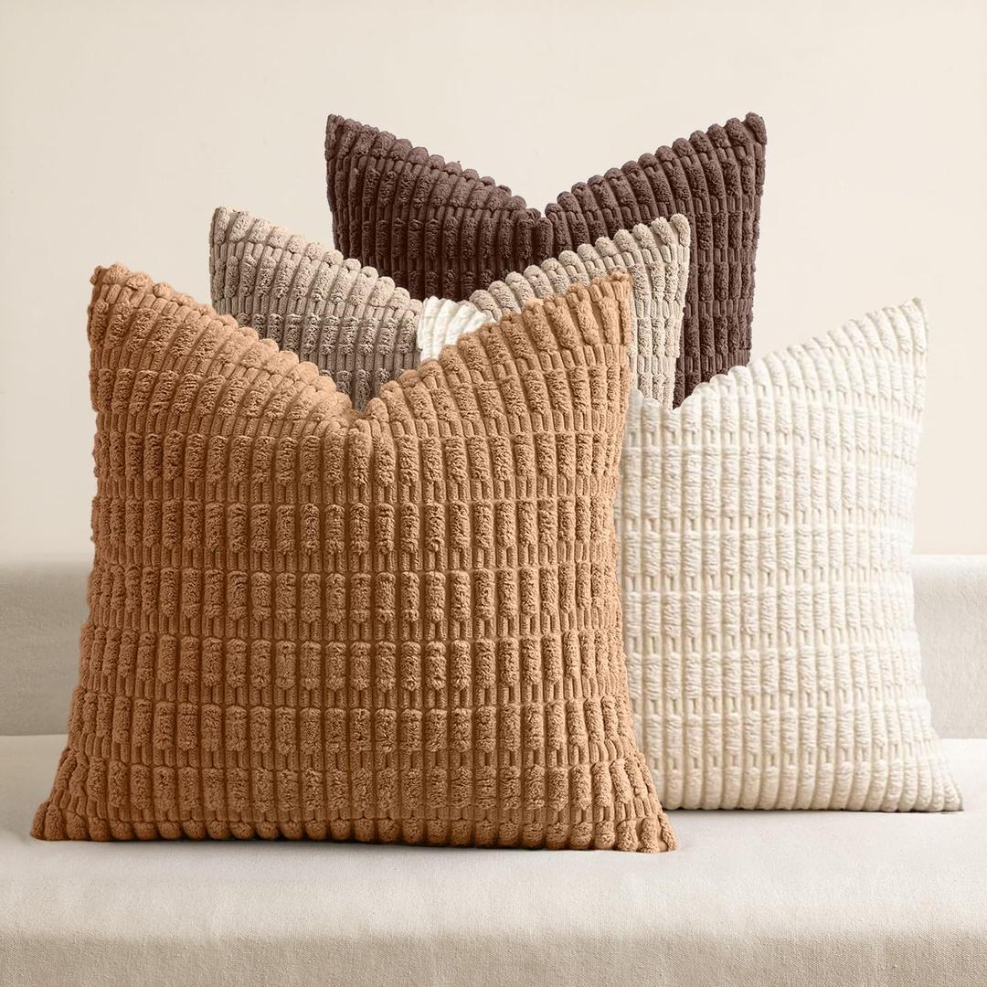 MIULEE Pack of 4 Neutral Corduroy Decorative Throw Pillow Covers 20x20 Inch for Sofa Living Room Couch Bed Rustic Farmhouse Boho Soft Striped Pillow Covers Home Decor Brown