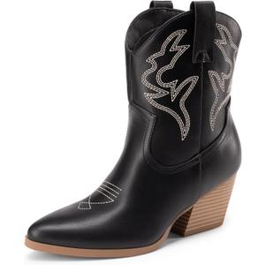 DREAM PAIRS Women's Cowboy Cowgirl Boots Embroidered Stitched Short Western Boots Low Chunky Heel Pointed Toe Ankle Booties (6, Black)