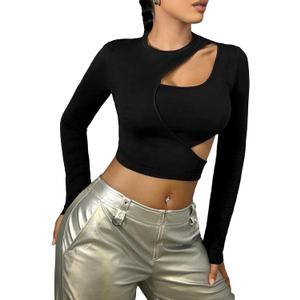 Floerns Women's Solid Cut Out Long Sleeve Y2k Round Neck Crop Tops Tee, Black, Small, Black 