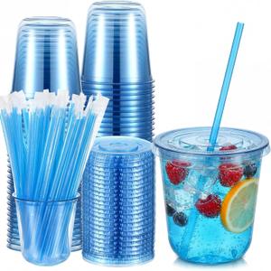 Ziliny 50 Sets Clear Round Bottom Plastic Cups with Lids and Straws, Cute Disposable Drinking Coffee Cups, for Christmas Valentine's Galentine's Day Party Wedding Birthday Supplies (12oz,Blue)