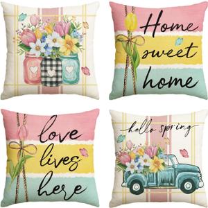 AVOIN colorlife Spring Flowers Tulip Home Sweet Home Throw Pillow Covers, 18 x 18 Inch Love Lives Here Truck Cushion Watercolour Case Decorations for Sofa Couch Set of 4