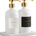 Glass Soap Dispenser Set of 2 (White) with Silicone Tray | Hand and Dish Soap Dispenser for Kitchen and Bathroom | 16.8 Oz Glass Bottles with Stainless Steel Pump & 15 Waterproof Labels (White/Gold)