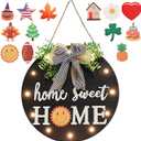 Interchangeable Welcome Sign for Front Door with 14 Changeable Icons, Farmhouse Front Porch Decor Rustic Wooden Wall Sign with 12 LED Lights, Outdoor Seasonal Welcome Home Decorations (Black1)