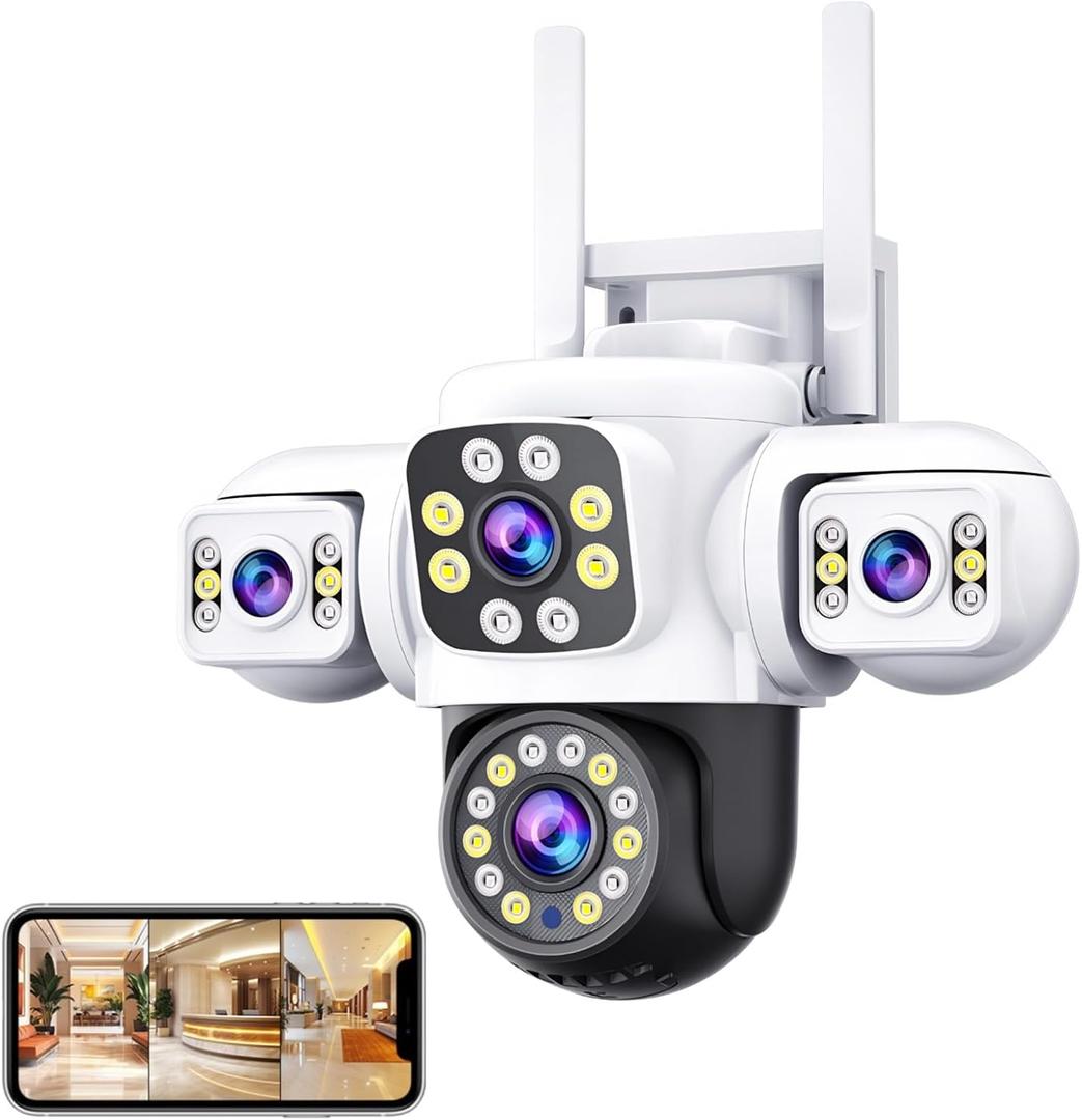 Three Lens Security Camera Outdoor, 360 View WiFi Outside Camera for Home Security, Human Detection, Night Vision, Pan & Tilt, IP66 Water Proof, 2 Way Audio, SD & Cloud Storage (US)