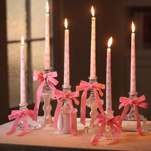 Reallnaive 6 Set Pink Bow Coquette Taper Candles with Glass Candlestick Holders Christmas 10 Inch Tall Pillar Candles Bow Birthday Decorations for Wedding, Christmas, Dinner, Party, Anniversary