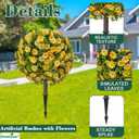 Fall Artificial Mum Topiary Ball with Spike Set of 2, Faux Boxwoods for Outdoor Planters, UV Resistant Artificial Outdoor Plants for Porch, Fake Bushes Round Shrub with Orange Yellow Mum