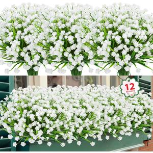 Ouddy Decor 12 Bundles Artificial Flowers for Outdoors UV Resistant Fake Plastic Plants Faux Greenery Stems for Spring Summer Indoor Garden Patio Window Box Kitchen Home Decor, White