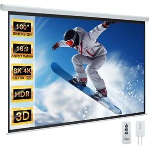 YODOLLA Projector Screen Motorized 100" 16:9, 4K 3D HD Electric Projector Screen Wall Mounted Automatic Ceiling Retractable Drop Down Projection Screen with Remote Movie Screen for Indoor Outdoor Use