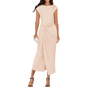 ZESICA Women's 2026 Summer Cap Sleeve Casual Bodycon Dress Elegant Wedding Guest Cocktail Party Long Midi Dresses (Large, Apricot)