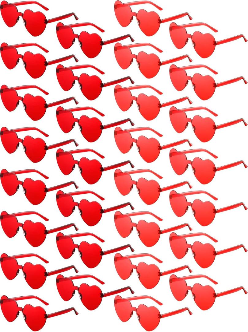 Konohan 50 Pairs Heart Shaped Sunglasses Bulk, Women Colorful Rimless Transparent Heart Glasses for Valentine's Day Party (Red, Dark Red)