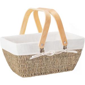 StorageWorks Wicker Basket with Handles, Wedding Decoration Woven Basket with Liner, Handcrafted Water Hyacinth Picnic Basket for Camping, Outdoor (White)