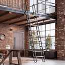 11.35FT Industrial Style Loft Ladder, 9 Steps with Black Steel Handrails & Solid Wood Steps, 450lbs Capacity, Fits 9.2-10FT Installation Height,for Attic, Kitchen, Warehouse,Bookshelf& Outdoor