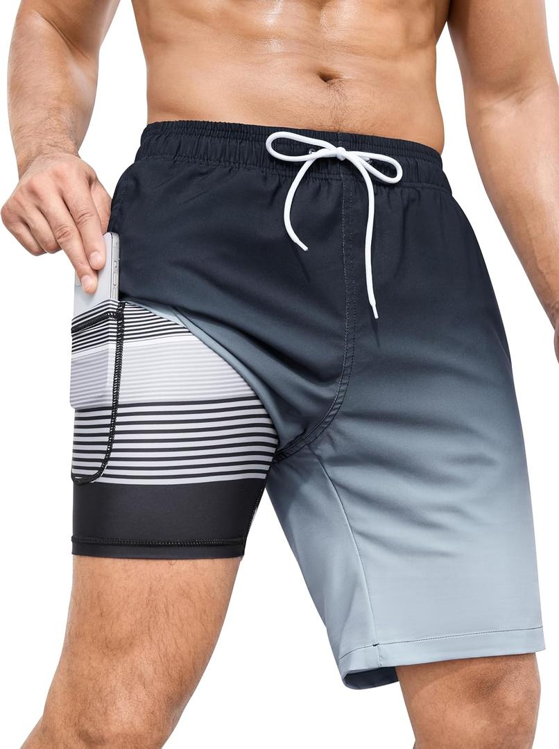 SILKWORLD Mens Swimming Trunks with Compression Liner 2 in 1 Quick-Dry 9" Swim Shorts with Zipper Pockets (Medium, Gradient-Black Grey)
