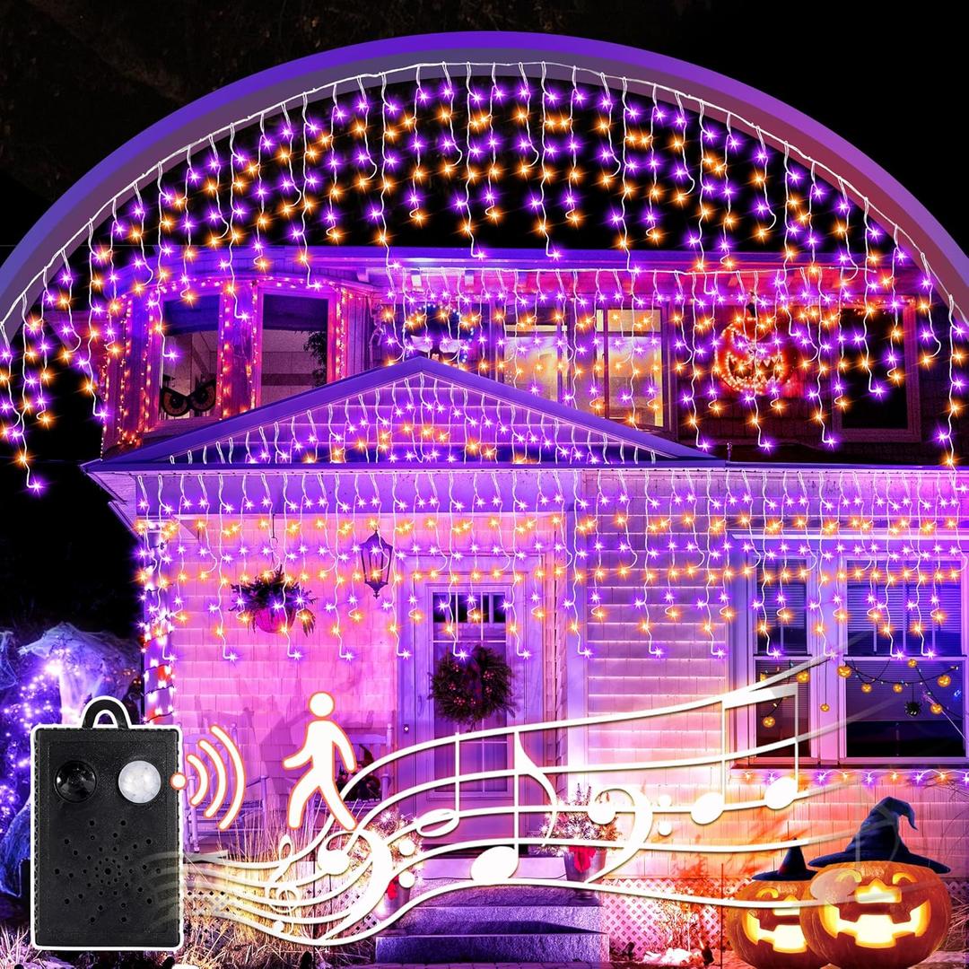 Halloween Icicle Lights with Spook Music Motion Sensing Function - 340LED 29Ft Purple Orange Curtain String Lights - Plug in Lighting for Outdoor Garden Window House Bedroom Halloween Decorations