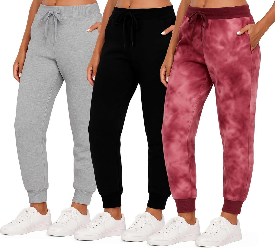 Real Essentials 3 Pack: Women's Ultra-Soft & Warm Fleece Joggers Sweatpants with Pocket (X-Large)