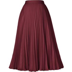 GRACE KARIN Pleated Midi Skirt for Women,Chiffon Elastic High Waist Knee Length Skirts,Swing Flare A-Line Outfits (Red, L)