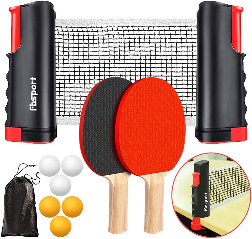 FBSPORT Ping Pong Paddle Set, Portable Table Tennis Set with Retractable Net,Rackets,Balls and Carry Bag for Indoor/Outdoor Games (black)
