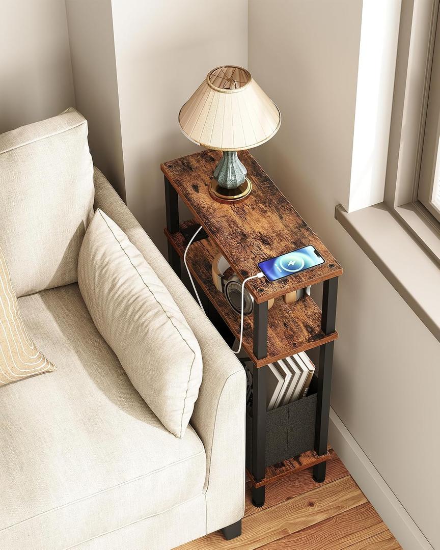 CHOEZON Small Narrow Side Table with Charging Station, Skinny End Table with Fabric Basket, Slim Nightstand for Small Spaces, Sofa Side Table, for Living Room, Bedroom, Rustic Brown and Black TBZ07UBF, 15.7"L x 7"W x 24.4"H