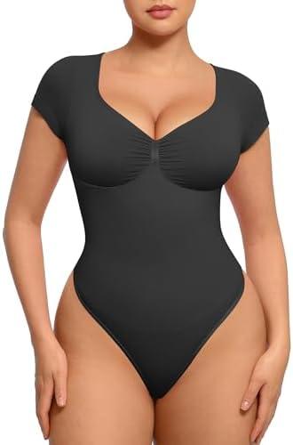 FeelinGirl Short Sleeve Bodysuit for Women V Neck Tummy Control Shapewear Seamless Thong Body Suits Tops LARGE Black