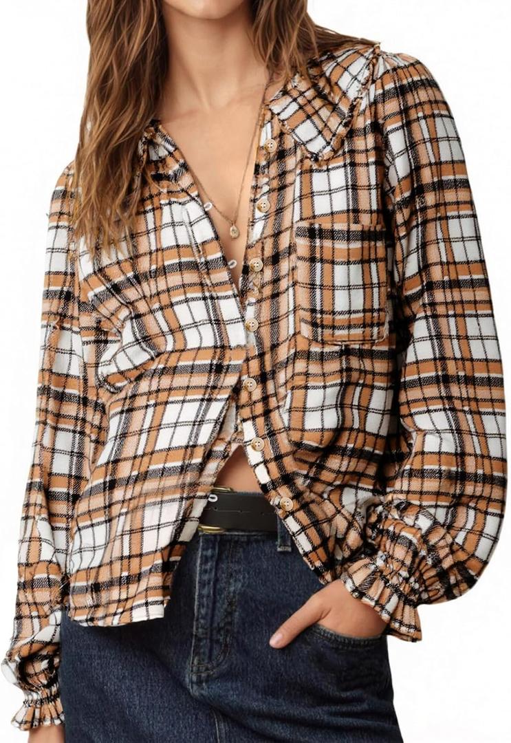 Tankaneo Womens Peter Pan Collar Button Down Shirts Long Sleeve Plaid Blouse Dressy Casual Fall Tops (L, Brown)