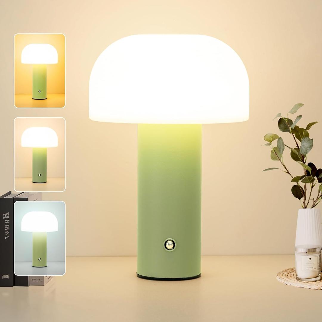 Cordless Mushroom Table Lamp Rechargeable,4000mAH Portable Battery Operated Lamp,3 Color Stepless Dimming Modern Lamps for Bedside Lamps,Touch Dimming Night Light for Home/Restaurant Green (1Pack)
