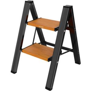 WOA WOA Step Ladder, Widening Pedals for Extra Balance, Lightweight Step Stool, Easy to Move Around, Foldable Ladder, Space Saving, Anti-Slip Stepladder 300 lbs Capacity (2 Step, Black & Wood Grain)