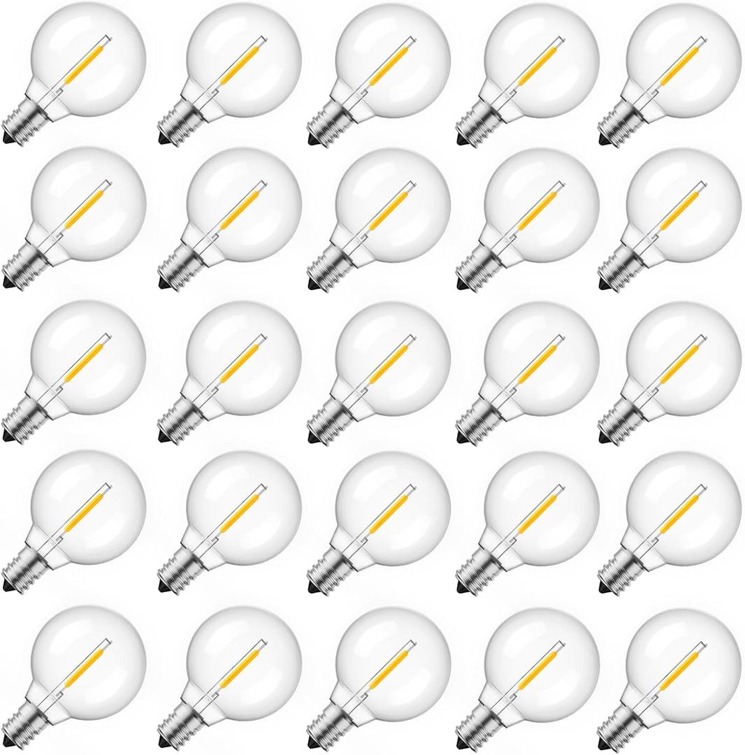 G40 Led Replacement Light Bulbs 1W Shatterproof Globe Bulb fits E12 Candelabra Screw Base, 1.5 Inch Dimmable Light Bulbs for Indoor Outdoor String Lights, Patio Cafe Decor, Warm White, 25 Pack