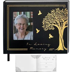 9.8"L x 7.8" H x 0.5" Funeral Guest Book For Memorial , A guest Book for Funeral with Gold Engraving - Memorial Guest Book Space for Name , Contact/Address Memory & Thoughts Memorial Service Registry