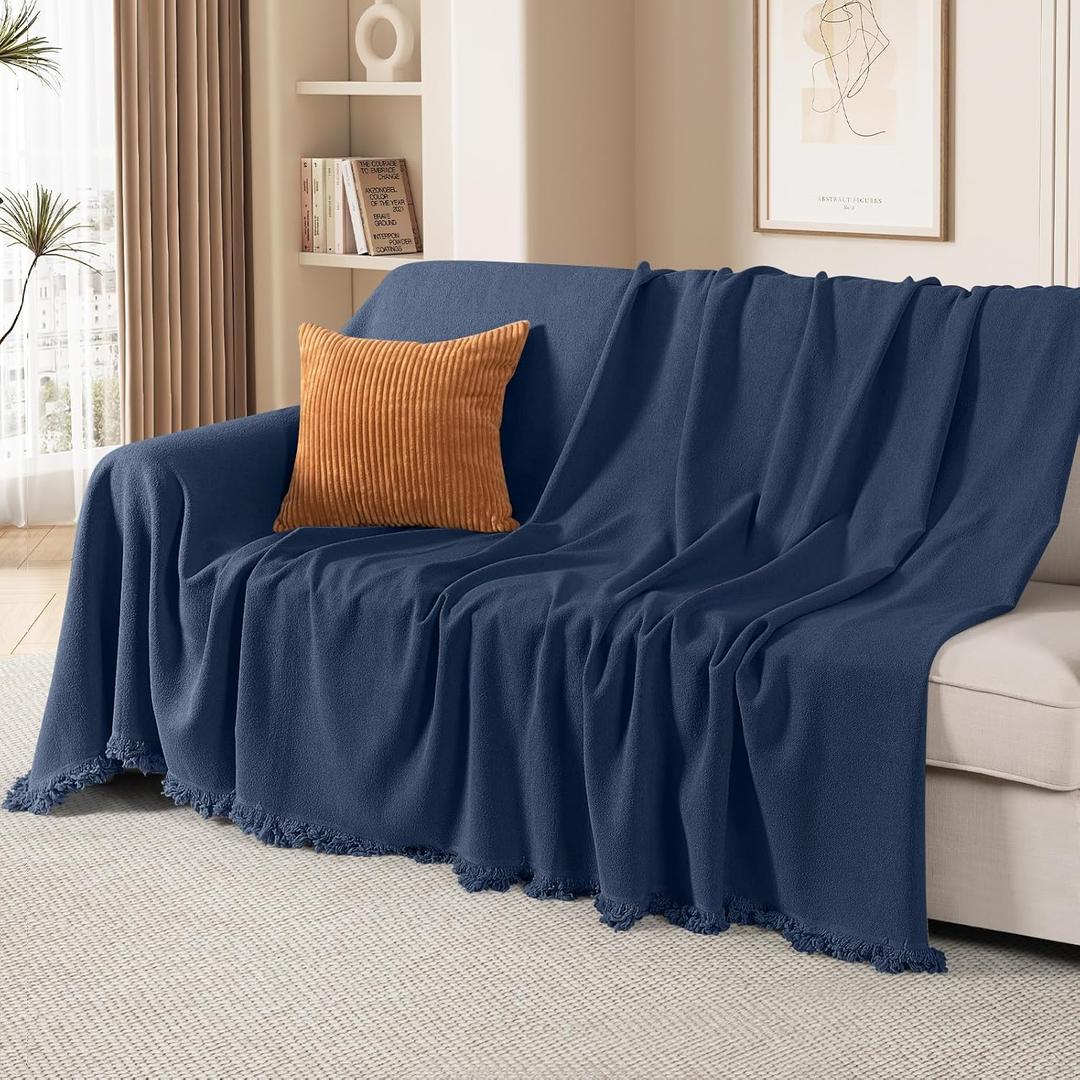 TAOCOCO Couch Cover, Couch Cover Blanket for Sofa, Thick Durable Throw for Sectional Couch, Washable Furniture Protector for Dogs Kids, Tassel Trim, 71''x150'' Dark Blue