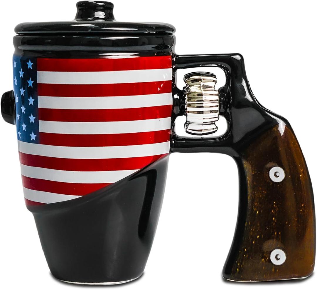 Revolver Mug with Lid, Novelty Ceramic Coffee & Tea Cup with Spin Wheel Handle, 3D Pistol Gag Gift Mugs, Ideal Military Gifts for Men, Coworker 16 oz (Black & Flag)