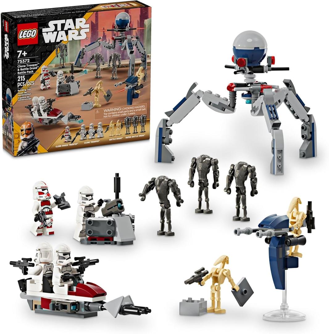 LEGO Star Wars Clone Trooper & Battle Droid Battle Pack Set for Kids, Buildable Toy Speeder Bike Vehicle, Tri-Droid and Defensive Post, Collectible, Gift for Boys and Girls Aged 7 and Up, 75372 LEGO Star Wars Clone Trooper & Battle Droid Battle Pack Set for Kids, Buildable Toy Speeder Bike Vehicle, Tri-Droid and Defensive Post, Collectible, Gift for Boys and Girls Aged 7 and Up, 75372