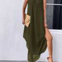 SKAYS Women's Elegant Halter Neck Dress High End Sleeveless Cocktail Party Dress Summer Flowy Wedding Guest Long Dress (Green, M)