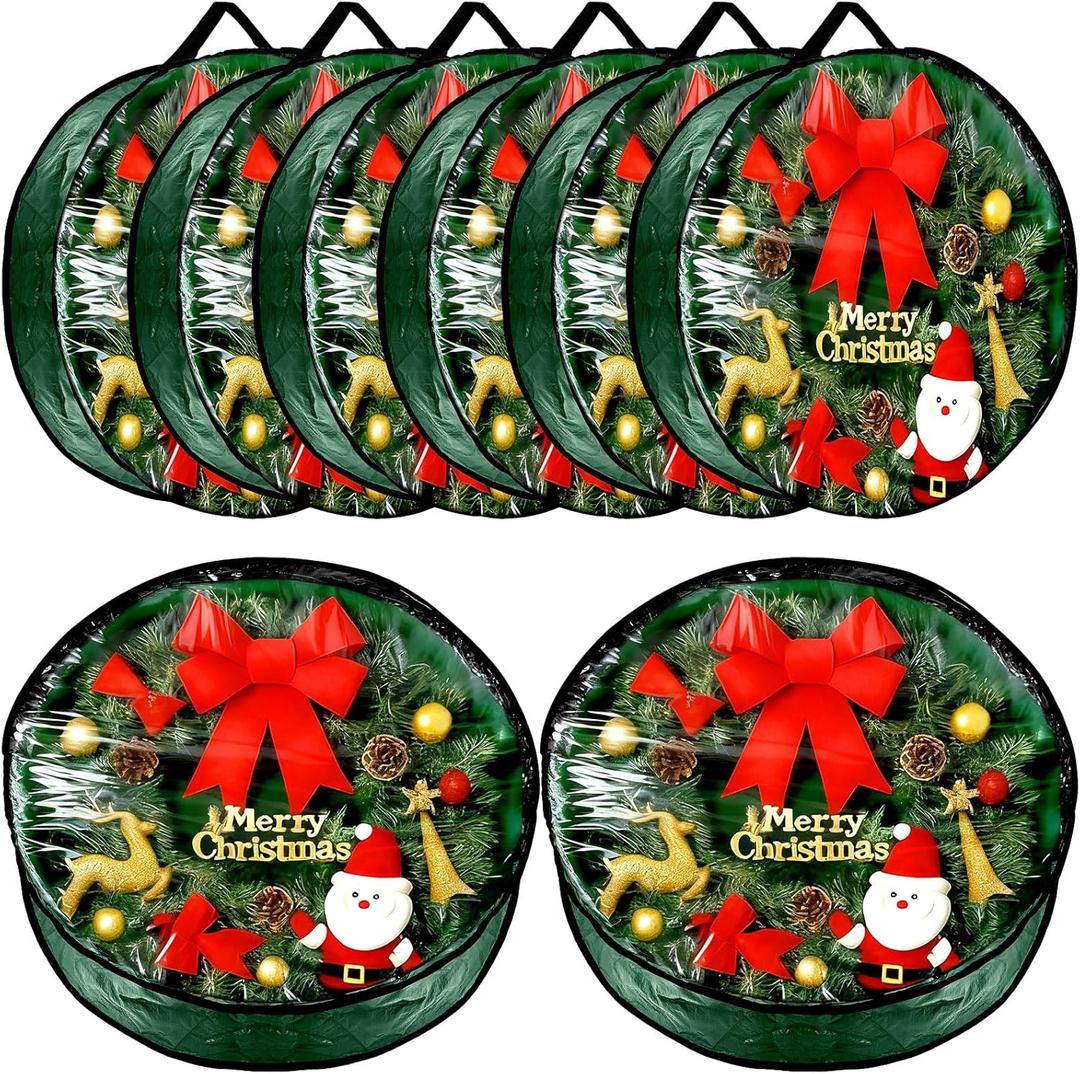 Dunzy 8 Pieces Wreath Container Christmas Wreath Storage Bag Garland Tear Resistant Fabric Round Boxes with Clear Window for Storage for Xmas Holiday Ornament(24247.8 Inch,Green)