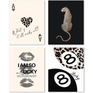 Trendy Leopard Print Lucky Girl 8 Ball Lips Cheetah Ace of Hearts Playing Card Wall Art Prints Set of 4, Funky Y2K Aesthetic Leopard Poster Wall Decor for Girls Room Dorm Apartment, 8x10 Unframed