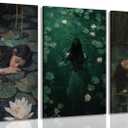 3Pcs Moody Victorian Wall Art Woman in the Lake Posters Prints Floral Ophelia Dark Academia Painting pictures Gothic Woman Wall Decor Artwork for Wall Living Room Bedroom Home Decoration 16x24in