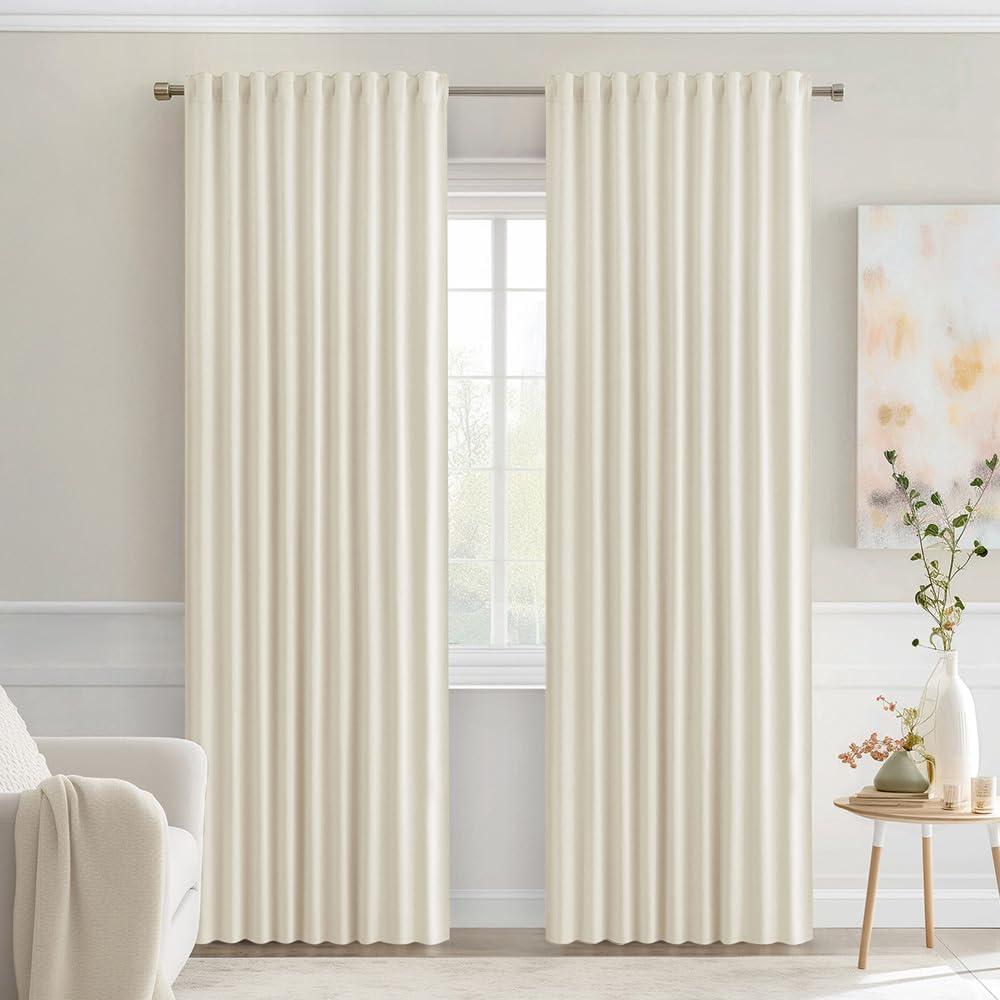 MIULEE Beige White Back Tab Blackout Curtains 84 Inch Length 2 Panels Set for Living Room Bedroom Privacy, Rod Pocket/Pinch Pleat Thermal Insulated Room Darkening Pleated Light Blocking Drapes
