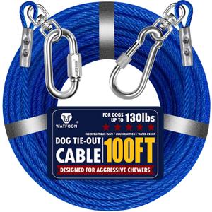 Dog Leads for Yard, 100ft Tie Out Runner Steel Wire Cable, Heavy Duty Pet Tether Chains for Dogs Up to 130 Lbs, Outside, Camping, Park (100ft-Blue)