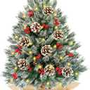 24 Inch Realistic Snowy Tabletop Christmas Tree Small Christmas Tree with 50 Warm Lights Battery Operated Xmas Tree Berry Pinecone Burlap Base Indoor Home Table Christmas Decorations