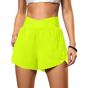 Blooming Jelly Women's Workout Shorts Athletic Running Shorts Crossover High Waisted Gym Shorts with Zipper Pockets (Medium, Neon Green)