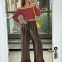 TARSE Womens Linen Casual Pants Flared Leg Wide Leg Drawstring Ruffle Harem Palazzo Pants with Pockets (Brown, XL)