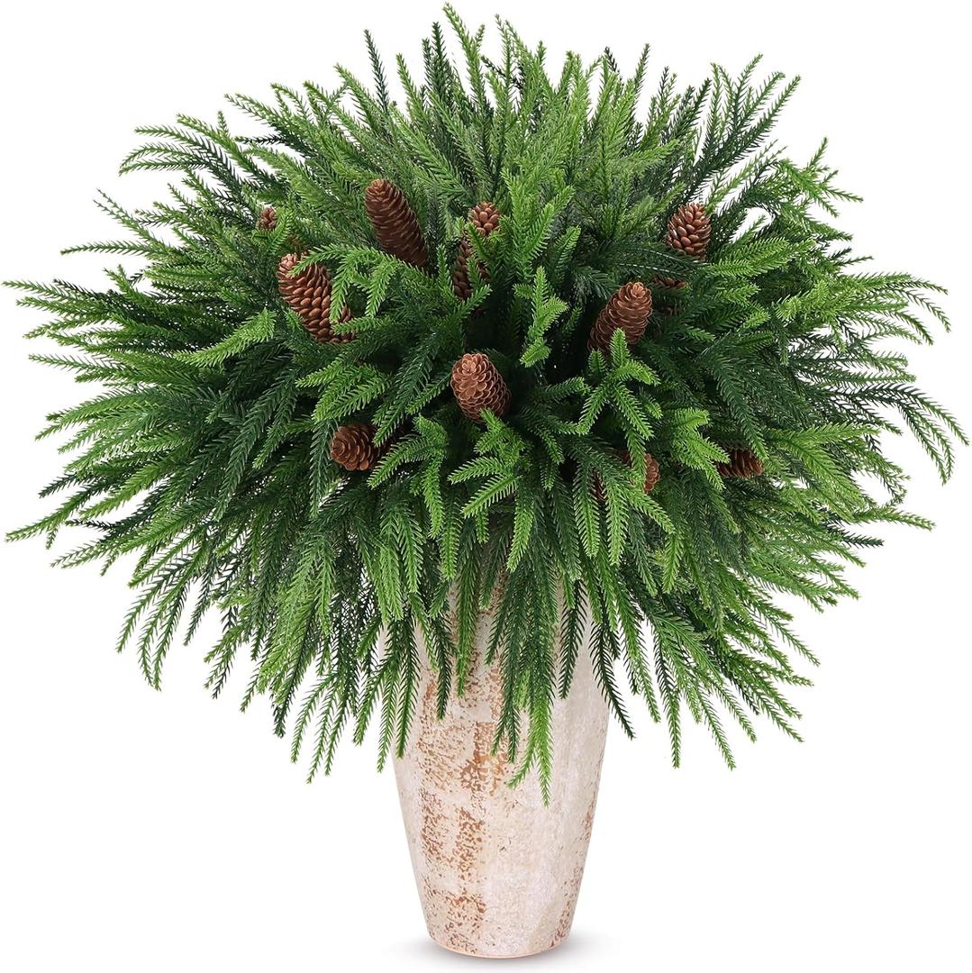 16 Pcs Christmas Greenery Pine Branches, 18" Fake Norfolk Pine Stems and 10 Pack Pinecone Stems, Real Touch Norfolk Pine Evergreen Garland for Winter Xmas Indoor, Front Porch Home Decoration