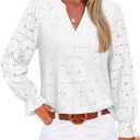 RUMIA Womens Blouses V Neck Eyelet Lace Tops with Lining Dressy Sheer Long Sleeve Shirts Embroidered Blouses 2026 Fashion (Large, All White)
