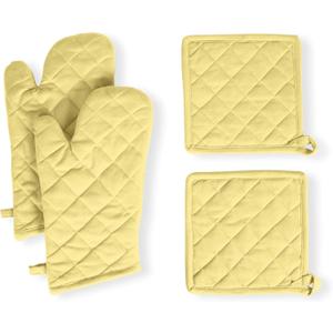 Native Fab 4 Piece Set - 2 Oven Mitts & 2 Potholders, Heat Resistant, 100% Cotton, Quilted Design, Non-Slip Grip, Machine Washable, Ideal for Baking, Cooking, BBQ, Kitchen Protection - Pale Yellow