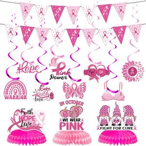Breast Cancer Awareness Decorations - Breast Cancer Survivor Supplies 13Pcs Cancer Free Pennant Banner Pink Ribbon Hanging Swirl Centerpieces for Breast Cancer Survivors Party Supplies