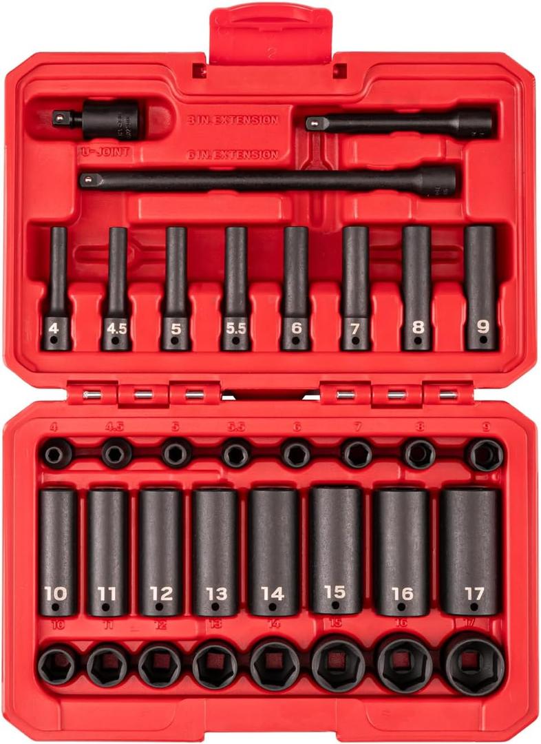 TEKTON 1/4 Inch Drive Shallow 6-Point Impact Socket Set with Case, 35-Piece (4-17 mm) | SID90402
