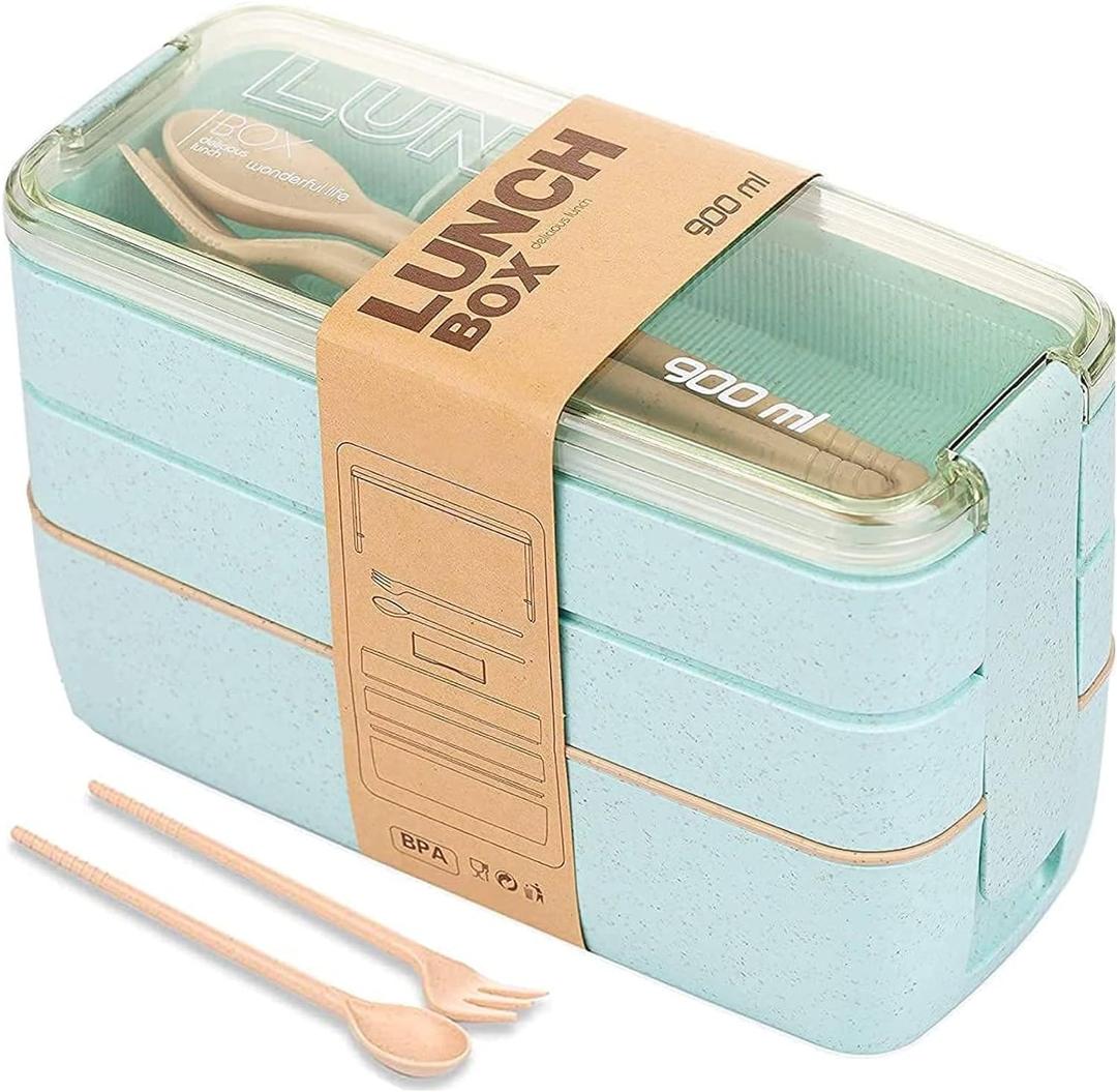 Rarapop Green Stackable Bento Lunch Box Kit, 3-In-1 Compartment Wheat Straw Lunch Containers with Tableware, Reusable On-the-Go Meal and Snack Containers